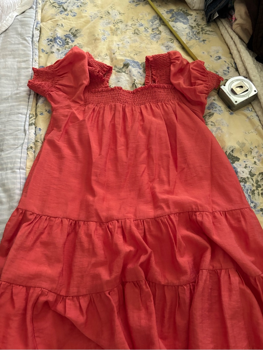 Joy Joy Coral Puff-Sleeve Smocked Tiered Dress